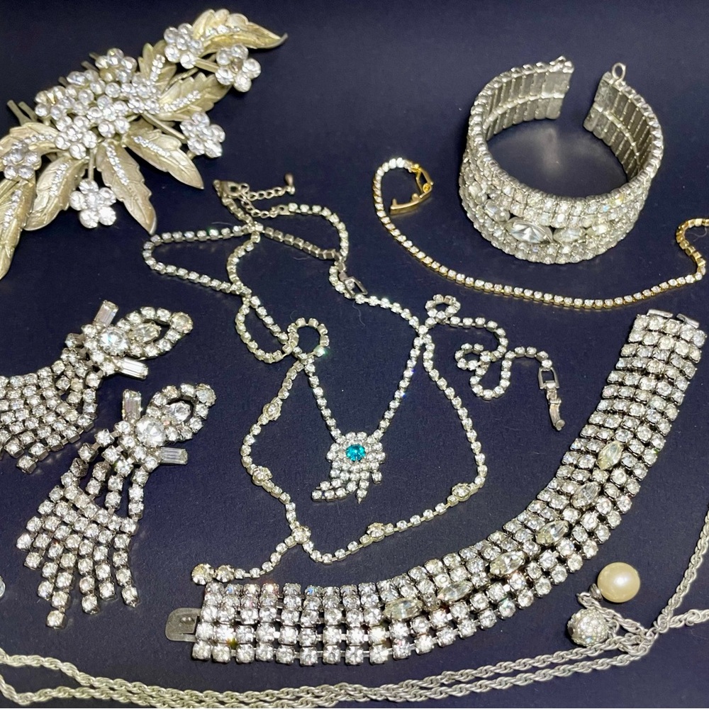 Art deco & mid century crystal rhinestone rhodium plated jewelry lot